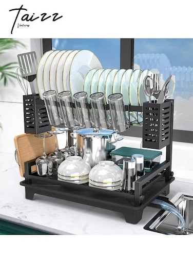 2-Tier Dish Drying Rack for Kitchen Counter, Large Dish Drying Rack with Drainboard &amp; Utensil Holders, Rust-Proof Dish Drainers, Kitchen Organization 12.6x16.6x13.3 Inches - Black