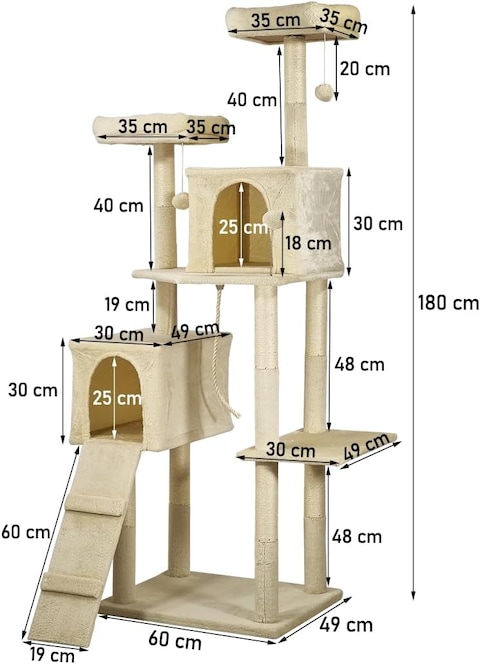 Cat tree tower activity center for indoor cats and kittens, Cat tree scratching post with Double perches, Dangling balls, Double cat condos, and Climbing ladder 180 cm (Beige)