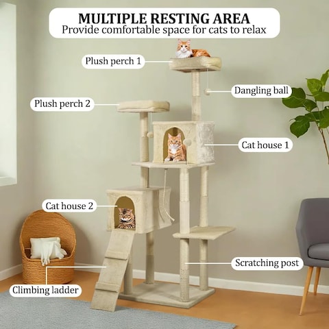 Cat tree tower activity center for indoor cats and kittens, Cat tree scratching post with Double perches, Dangling balls, Double cat condos, and Climbing ladder 180 cm (Beige)