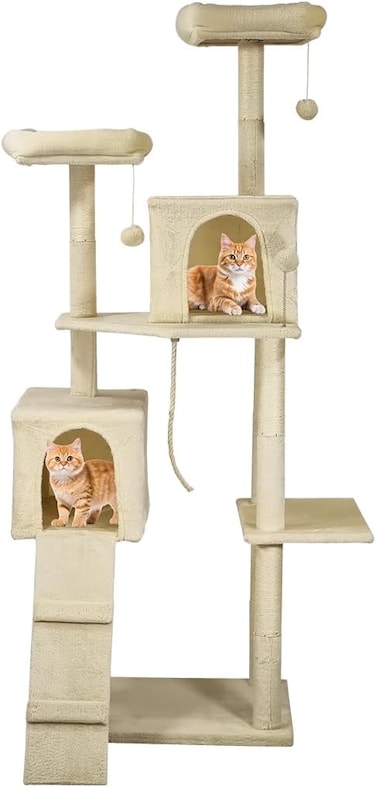 Cat tree tower activity center for indoor cats and kittens, Cat tree scratching post with Double perches, Dangling balls, Double cat condos, and Climbing ladder 180 cm (Beige)