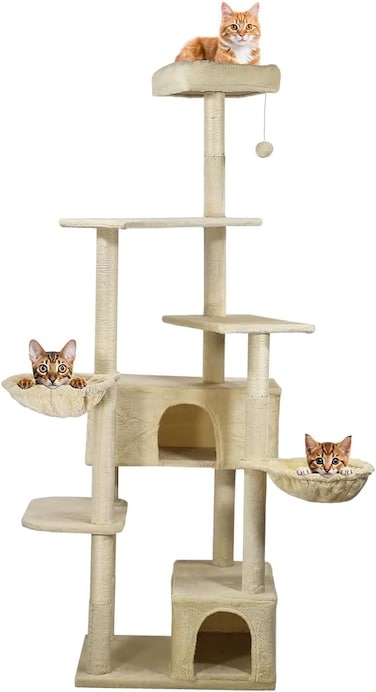 Cat tree tower activity center with Soft perch, Dangling ball, Multiple platforms, Double hammock, and Double condos, Multi-level tall cat tree for indoor cats 190 cm (Beige)