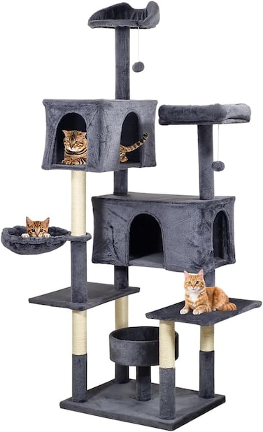 Cat tree tower for indoor cats and kittens, Cat tree climbing tower activity center with Perches, Dangling balls, Scratching post, Cozy hammock, Double condos, and Cat nest 185 cm (Dark-grey)