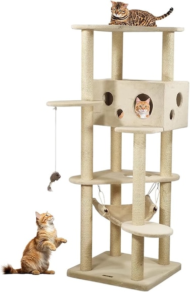 Cat tree tower activity center with Top platform, Sisal scratching post, Spacious cat condo, Cat toy, and Soft hammock, Multi-level cat tree tower for indoor cats 163 cm (Beige)