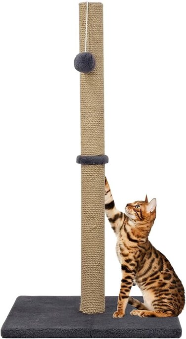 Tall cat scratching post for kittens and adult cats, Durable and stable cat tree activity center with Natural sisal rope, Dangling ball, and Soft smooth plush, Protect your furniture 75 cm (Grey)