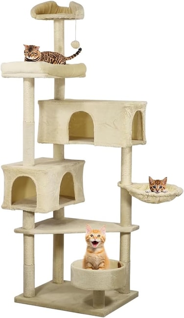Cat tree tower for indoor cats, Multi-level cat tower activity center with Sisal scratching post, Plush double perches, Cozy hammock, Double cat condos, and Cat nest 183 cm (Beige)