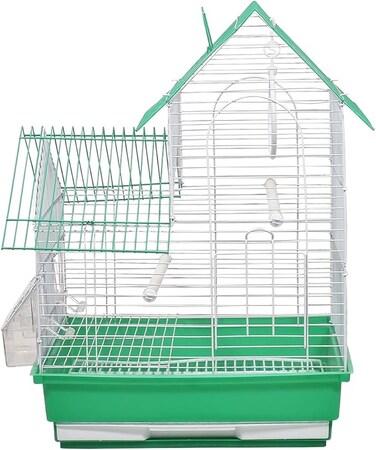 Birdcage, House shaped design small bird travel cage with Carrying handel, Feeding bowls, Plastic perches, and Removable bowls, Suitable for lovebirds, Canaries 47 cm (Green)