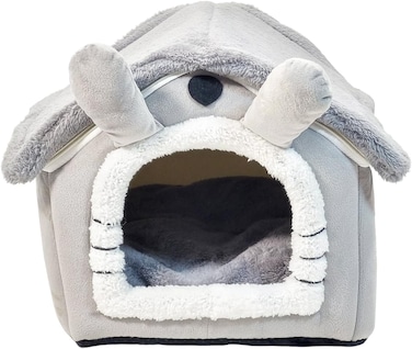 Pet bed for small cats and dogs, Foldable cat house with Double sided cushion, Anti-slip bottom, and Durable zipper, Semi-enclosed pet sleeping bed Ideal for winter comfort 34 cm (Grey)
