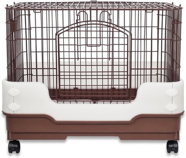 Rabbit cage with Secure door lock, Removable tray, and Universal wheels, Stainless steel rabbit cage for small animals, Urine splash prevention, Easy to assemble 64 cm (Chocolate)