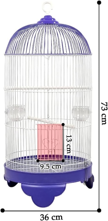 Round bird cage with metal wire, Hanging swing, Feeding cups, and Wide plastic perches, Hanging bird cage with Removable base and Easy to clean, Portable bird cage with Latch lock 73cm (Purple)