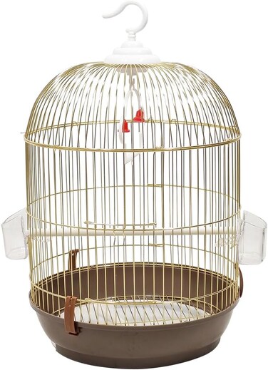 Small bird cage with Metal wire, Food container, Plastic perches and Swing, Round shape bird cage with Pull-out tray, Convenient handle, Portable and Easy to clean, For small birds 55 cm (Gold)