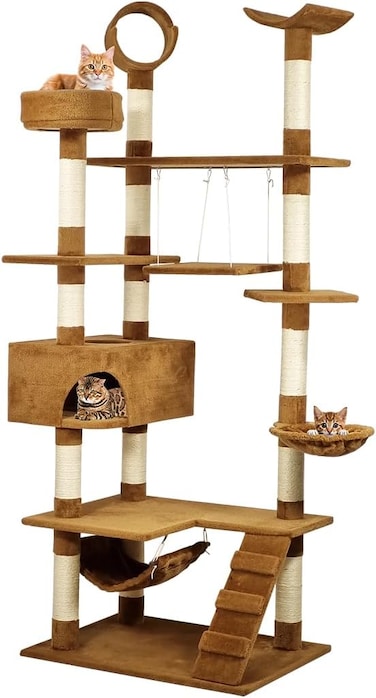 Cat tree tower with Multiple perches, Sisal scratching post, Cozy hammock, Cat condo, Bottom hammock, and Climbing ladder, Multi-level cat activity center for indoor cats 210 cm (Chocolate)