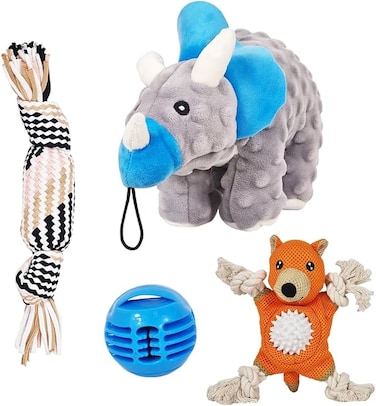 Dog toy set, Durable Interactive chew rope, Squeaky plush toys for small to medium dogs, Suitable for Teeth cleaning &amp; Training essentials, Non-toxic dog toys (4pcs)