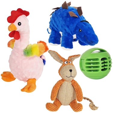 Dog chew toy set, Durable interactive dog toys for small to medium breeds, Dog toys with Chicken, Donkey, Chew ball, and Dinosaur for Teeth cleaning &amp; Dental health (4pcs)