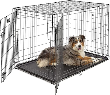 Dog Cage with 2 Main Doors, Removable Plastic Tray, Portable and Easy to Carry, Folding Metal Cage for Small Pets, Durable and Strong, Easy to Clean, Suitable for Home &amp; Outdoor Safety, 92cm (Black)
