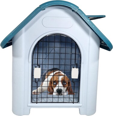Dog House with Liftable Roof, Window, Durable and Sturdy, Dog Kennel for Indoor &amp; Outdoor, Portable, Dog Shelter with Main Door, Secure Lock, Light Weight, Easy to Assembly, Small Dog, 75cm (Blue)
