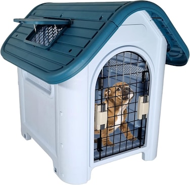 Dog House with Sunroof, Metal Main Door, Secure Locks, Durable and Sturdy, Dog Kennel with Liftable Roof, Window, Waterproof and Light Weight, Dog Shelter for Indoor &amp; Outdoor, Small Dog, 76cm (Blue)