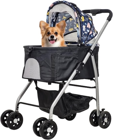 Dog stroller with Breathable mesh window, Side pockets, and Storage bag, Detachable pet stroller for small to medium-sized dogs, Ideal for traveling &amp; Shopping, Easy to fold 95 cm (Black)