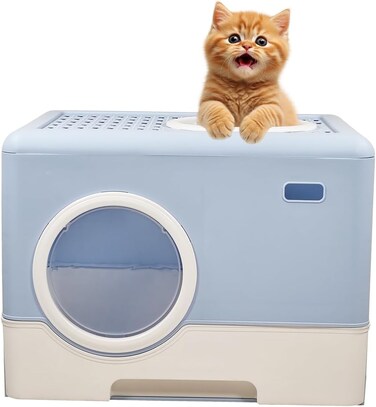 Fully Enclosed cat litter box with Drawer, Litter scoop, and Sand filter holes, Anti-splashing cat toilet for indoor cats, Foldable cat litter box with Front entry and Top exit 52 cm (Blue)