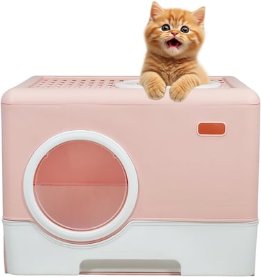 Fully Enclosed cat litter box with Drawer, Litter scoop, and Sand filter holes, Anti-splashing cat toilet for indoor cats, Foldable cat litter box with Front entry and Top exit 52 cm (Pink)