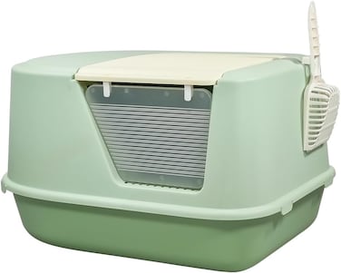 Fully enclosed cat litter box with Transparent door, Litter scoop, and Sand drop pedal, Spacious &amp; Splash-proof design cat toilet for indoor cats, Odor-resistant 65 cm (Green)