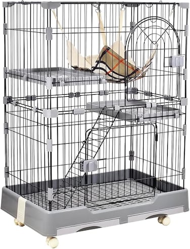 Cat cage playpen kennel for Indoor &amp; Outdoor use, Durable and Sturdy cat cage with Hammock, 2 Platforms, Climbing ladder, Slide-out tray, and Lockable wheels, 102 cm (Black)