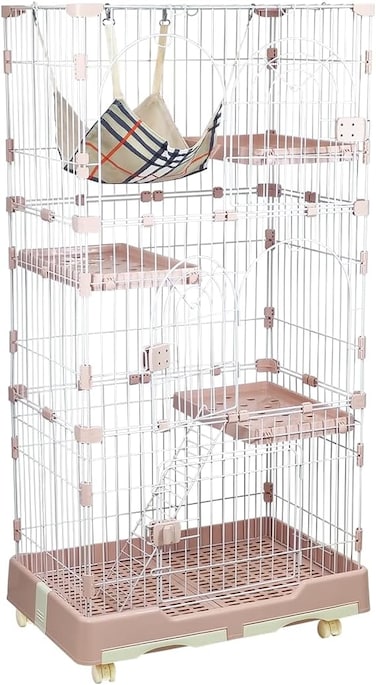 Cat cage for All-sized cats, 4-tire cat cage with Hammock, Widened perch, Climbing ladder, Slide-out tray, and Universal wheels, Multi-layer cat cage, Ideal for indoor &amp; outdoor 145 cm (Pink)