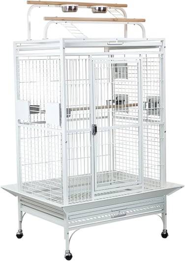 Metal bird cage with Play top and Rolling stand, Removable tray, Food bowls, and Side feeding doors, Heavy-duty bird cage for African parrot, Love bird and Medium to Large size, 162 cm (White)