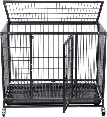 Dog crate cage with Open top cover, Stackable design, and Removable tray, Heavy-duty dog cage with Lockable wheels, Durable design and Idea for Medium to Large dogs, Easy to install 94 cm (Black)