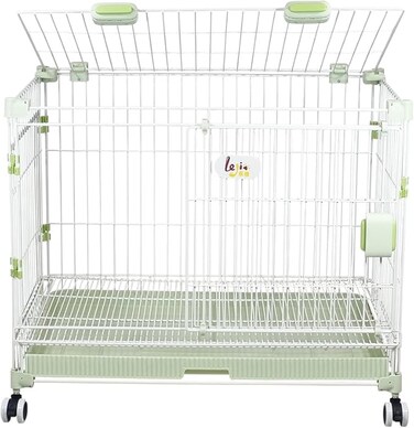 Dog cage with Double door design, Metal wire, Sturdy and Durable, Portable dog kennel with Pull-out tray, Secure lock, and Universal wheels, Dog playpen for small to medium dogs 81cm (Green)