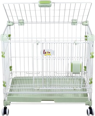 Dog cage with Double door design, Metal wire, Sturdy and Durable, Portable dog kennel with Pull-out tray, Secure lock, and Universal wheels, Dog playpen for small dog, Easy to install 64cm (Green)
