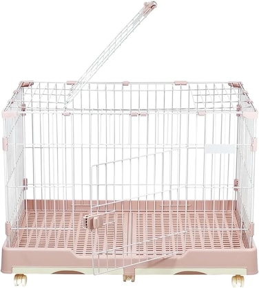 Pet cage with Top Cover Design, Durable and Sturdy Carbon Steel Wire, Dog and Cat Playpen with Front Door, Pull-out Tray, Universal Wheels, and Secure Locks, Indoor &amp; Outdoor Cage 98 cm (Pink)