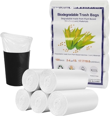 Trash bags 2-4 Gallon, Biodegradable garbage bags with tear and leak-resistant, Recycling eco-friendly trash bags for the Office, Kitchen, Bathroom, and Bedroom (100 Count)