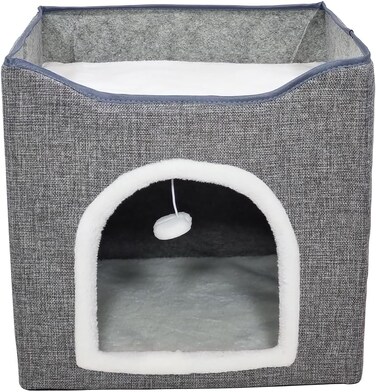 Cat beds with Side scratcher, Flurry Ball, and Foldable design, Cat house for Indoor cats, Multi-level bed space, Reversible cushion, and Washable, Easy to clean 40 cm (Grey)