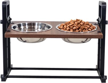 Elevated dog bowls, Adjustable raised dog bowls for medium to large-sized dogs, Wooden board &amp; metal stand with 2 Stainless steel bowls, Water-proof, and Non-slip bottom 50 cm (Black)