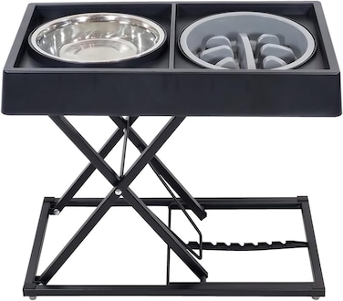 Elevated dog bowls, Dog feeder with 2 Stainless steel bowls &amp; 1 Slow food bowl, Sturdy metal structure, and Anti-slip design, 8 height adjustment dog bowls for All-sized dogs 52 cm (Black)
