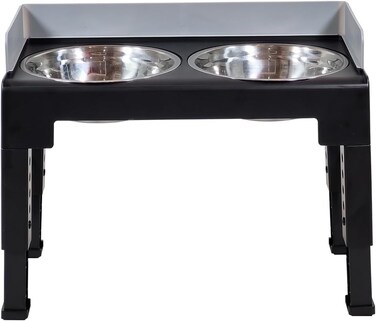 Pet feeding bowl with 5 Height adjustable raised, Durable &amp; Non-slip bottom, Pet feeder stand with Stainless steel double bowls, Washable and Easy assembly, ideal for All breed sizes, 43 cm (Black)