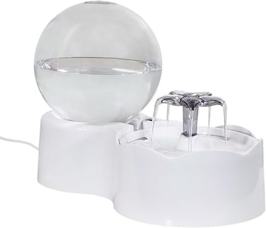 Automatic pet water fountain with Transparent water tank, Food bowl, Water pump, Filter element, and Adjustable water flows, 2.5L Large capacity ideal for cats and small pets 33 cm (White)