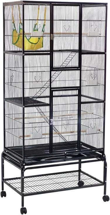 Large metal bird cage with Swing hammock, Natural wooden perch, Wide platforms and Stairs, Parrot cage with Rolling stand, Pull-out tray, and Large front doors, Small to Medium birds, 180 cm (Black)