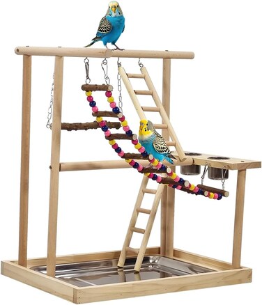 Wooden bird stand, Interactive bird play stand with Swinging perch, Feeding cups, Climbing ladders, Removable tray, and Anti-slip bottom, Ideal for small to medium-sized birds 54 cm (Beige)