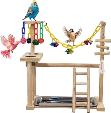 Bird play stand, Interactive training perch for birds, Wooden bird parrot stand with Perches, Stainless steel bowls, Colorful toys, Climbing ladder, Removable tray, and Non-slip pad 43 cm (Beige)