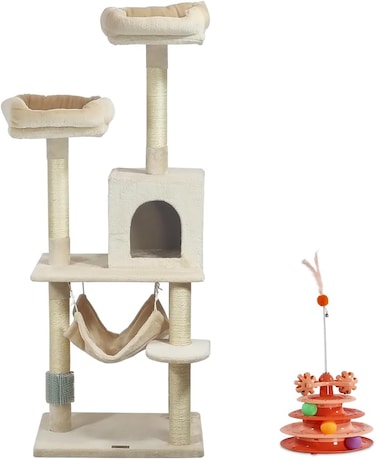 Cat tree, Cat tower for Indoor cat, Multi-level cat furniture with Cozy Hammock, Condo, and Top perches, Cat Tower with Track tower cat toy, Colorful play balls, Grooming self brush 145 cm (Beige)