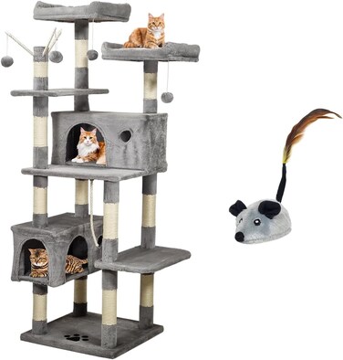 Cat tree tower for Multiple cats, Tall cat tower with Multi-layer, Wide top perches, Cat condos and Sisal scratching post, Large cat tree for Indoor cats, Electric plush mouse toy 160 cm (Grey)