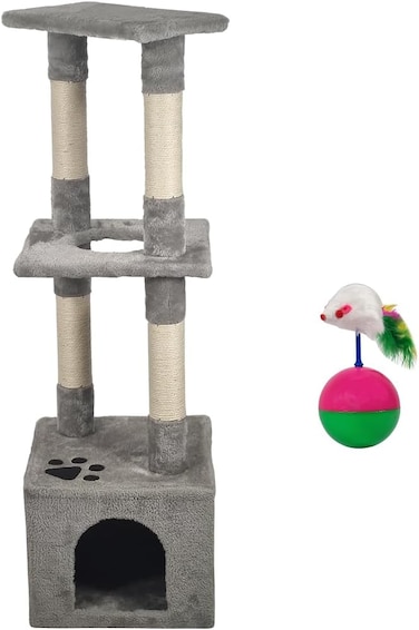 Cat tree with Cozy condo, Soft fabric cover cat tree, Multiple scratching posts, and Top perch, Indoor cat playground with Cat toy, Cat toy ball with mice, and Rolling ball 110 cm (Grey)