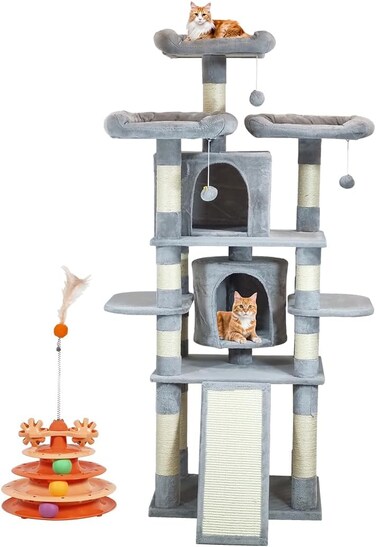 Cat tree tower with Multiple perches, Dangling balls, Double cat condos, Scratching posts, and Cat turntable toy, Multi-level cat tree activity center for indoor cats and kittens 170 cm (Grey)