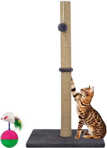 Cat tree scratching post with Faux Fur Feather Mouse, Hanging ball, Durable sisal rope, and Smooth plush cover, Scratch-resistant activity center, Ideal for indoor cats 75 cm (Grey)