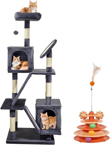 Cat tree tower with Cat turntable toy, Soft perch, Scratching posts, Hanging toys, and Cozy cat condos, Multi-functional cat tree for Indoor cats, Easy to assemble 160 cm (dark grey)