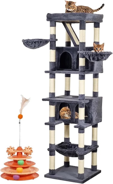 Cat tree tower with Wide perch, Scratching board, Cozy hammock, Cat turntable toy, Multiple cat condo, and Bottom large hammock, Multi-level cat tree for indoor cats 190 cm (Dark-grey)