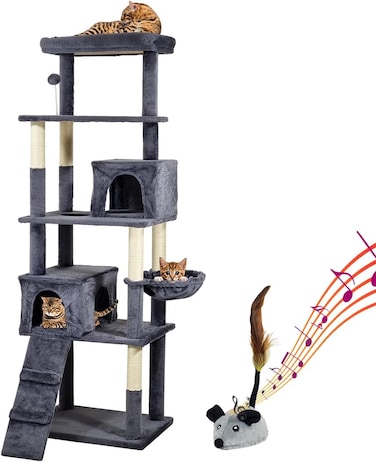 Multi-level cat tree for indoor cats, Cat tree activity center with Electric mouse toy, large perch, Cozy hammock, Sisal scratching post, Double cat condos, and Climbing ladder 182 cm (Dark-grey)
