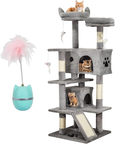Multi-level cat tree with Roly Poly cat toy, Plush perches, Dangling toys, Sisal scratching post, and Double cat condos, Durable &amp; Stable activity center for Indoor cats Grey(140 cm)
