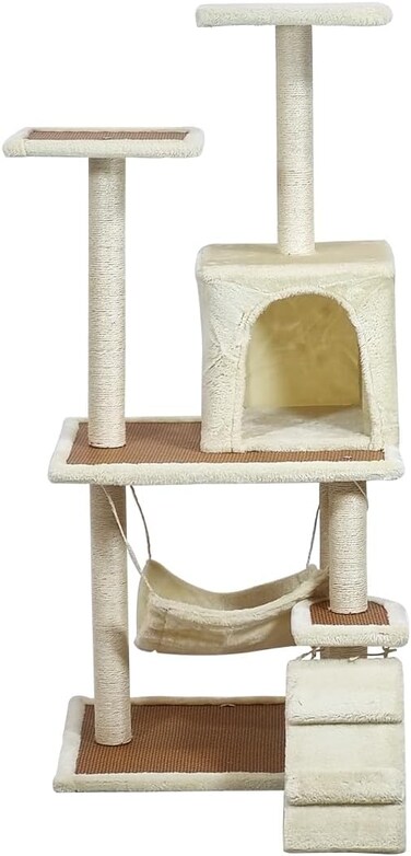 Cat tower with Hammock, Scratching Post for cats, Cozy condo, and Top perches, Sturdy cat climbing tree for Indoor cats, Cat activity tree with Climbing stair, and 124 cm Cat playground (Beige)